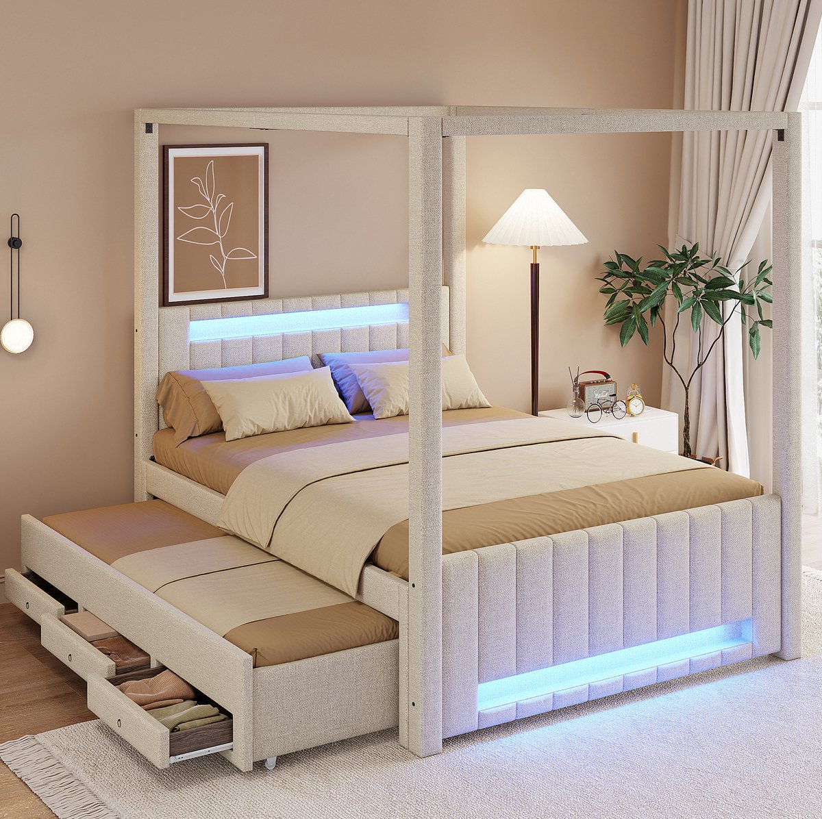 REDOM - Bed - Hemelbed met uitziehbed - Drie opberglades en LED-verlichting - Klassieke en moderne stijl - Slaapkamer - MDF en stof - Beige - 211,8 x 141,5 x 186 cm