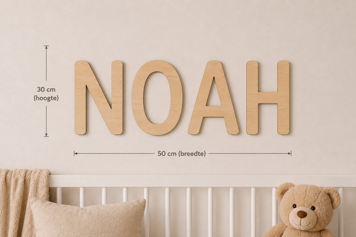 Gepersonaliseerde Houten Naam in Hoofdletters – 50 x 30 cm – Multiplex 5 mm – Naamdecoratie Babykamer & Kinderkamer
