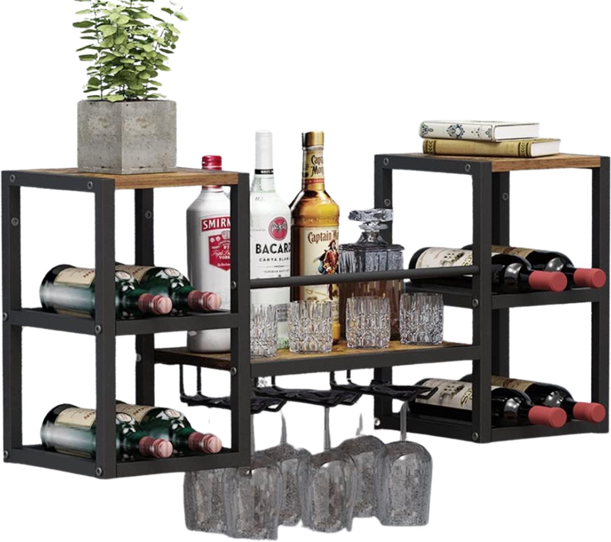 VALI® Wijnrek - 16 Flessen - Wijnrek Staand - Wijnrek Muur - Zwart en Bruin - 25cm x 88cm x 40cm