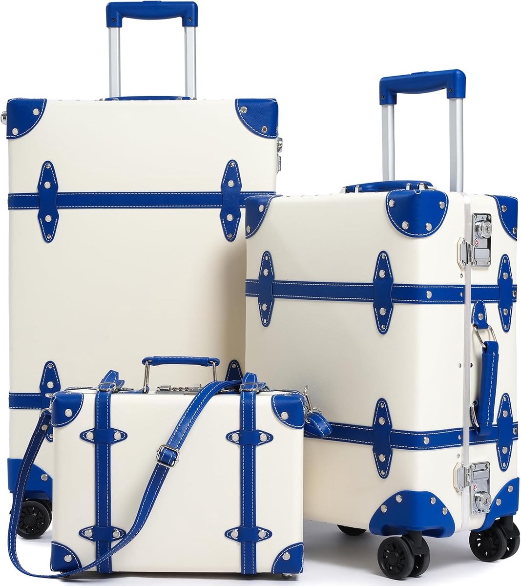 SnelShoppen - 3-delige Kofferset voor Vrouwen, Retro Lederen Reiskoffers met Aluminium Frame, Ruime Koffers in Wit met Blauw, Maten S(12"), M(20"), L(