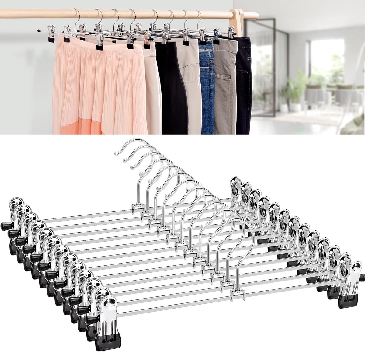 12 Stuks Metalen Broekhangers - Rokhangers - Verstelbare Antislipclips - Kledinghangers Voor Broeken Jeans En Pantalons