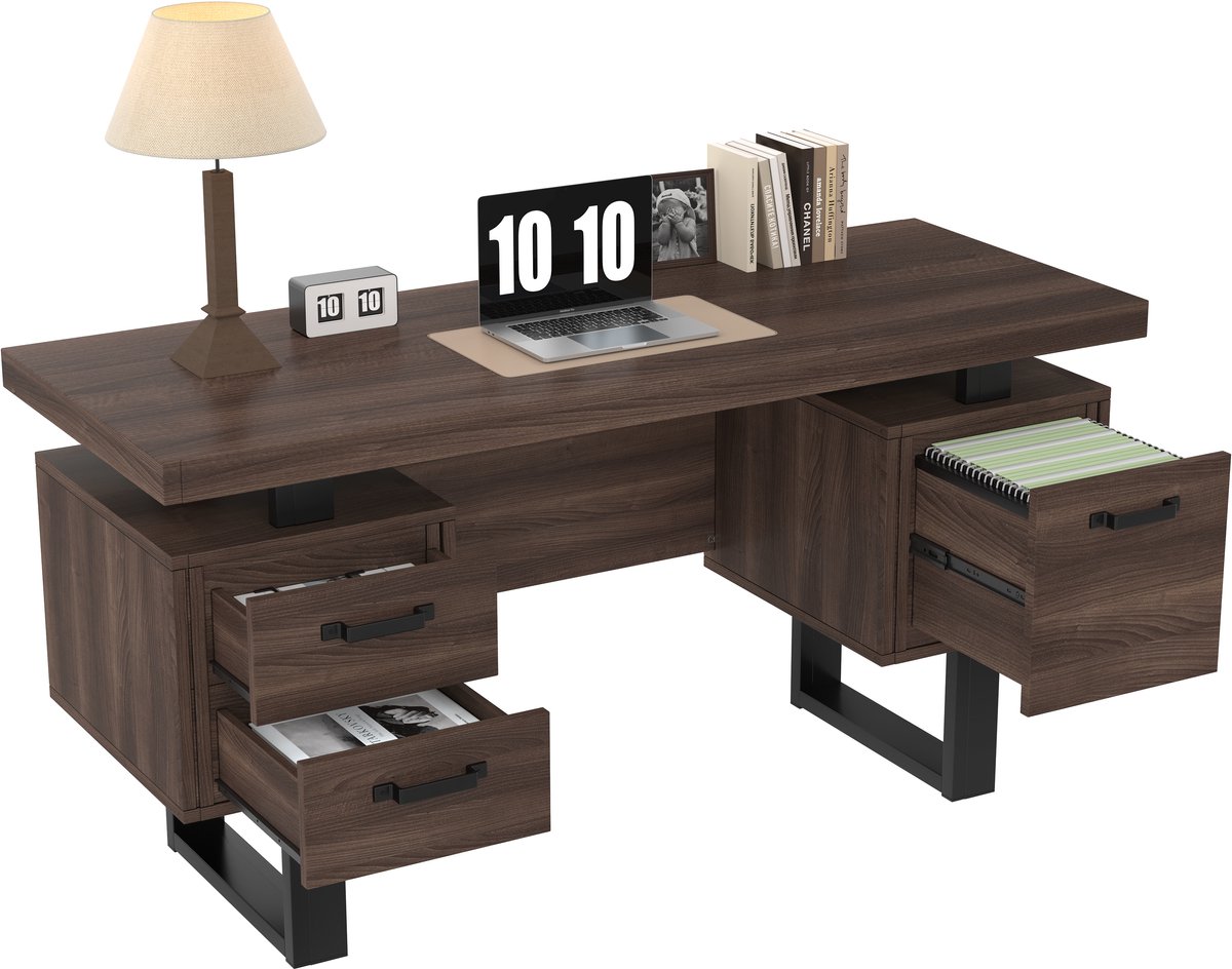 Bureau - Arbeidstafel Met Laden En Hangmap Opbergruimte 135cm - Bruin