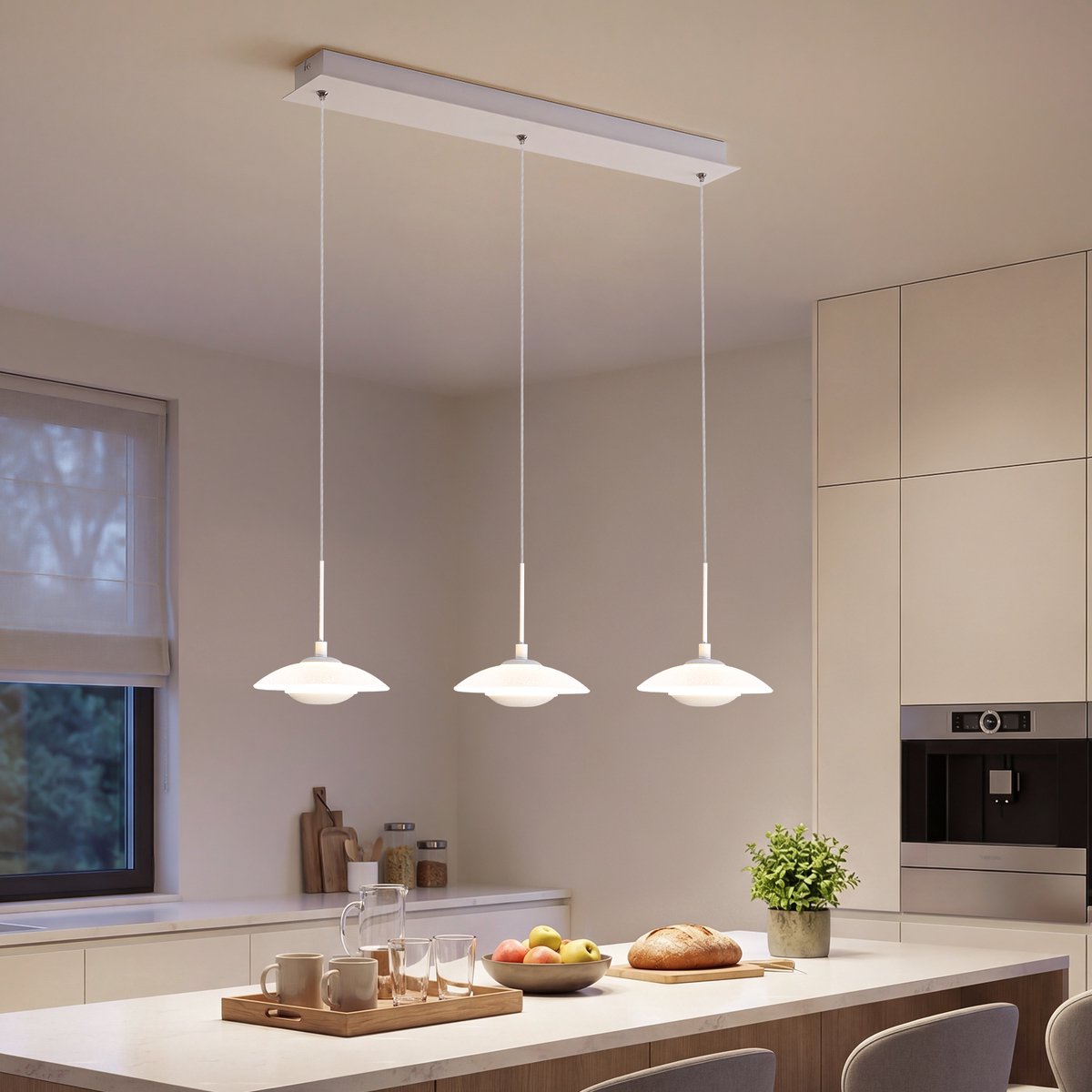 Hanglamp 18W, 3-Lichts Glazen Hanglamp, LED Wabi-Sabi Plafondlamp, 68x16x150 cm, 4500K, IP20, voor Eetkamer Slaapkamer - energieklasse C - Zandwit