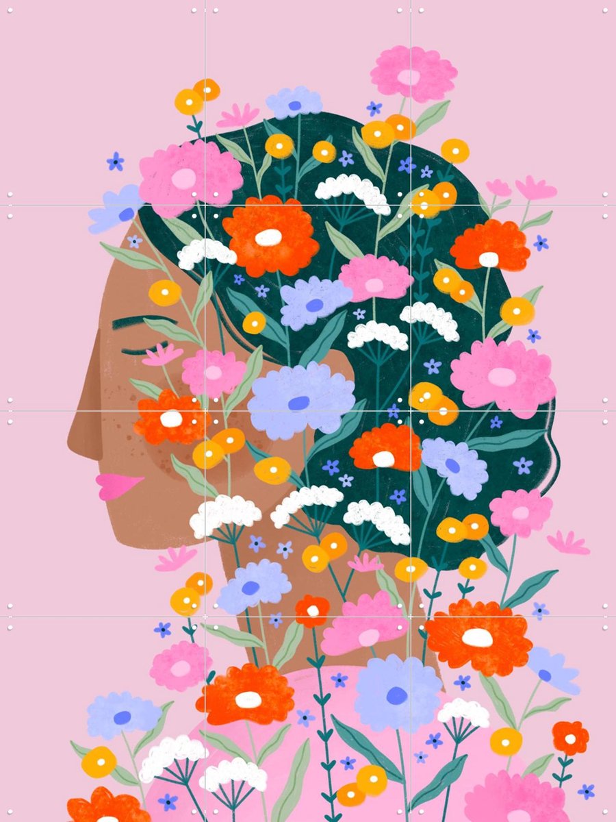 IXXI Colourful Flower Lady, Bea Müller & Various - 60 x 80 cm - Gratis ophangtool - Grote wanddecoratie en posters - Speels, Geometrische Kunst