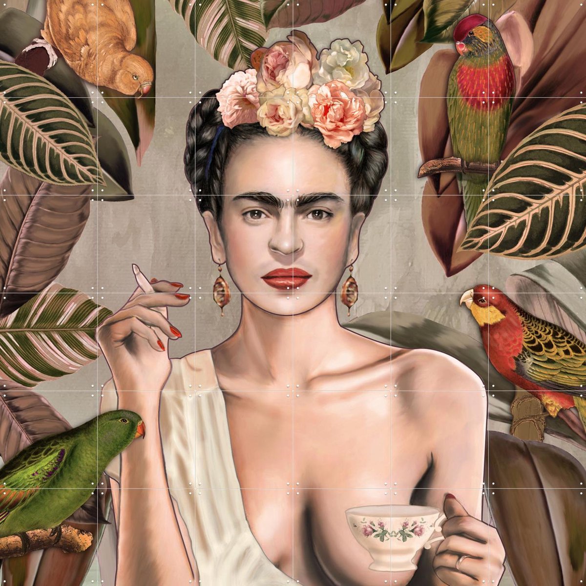 IXXI Frida Con Amigos Bohemian, Nettsch - 120 x 120 cm - Gratis ophangtool - Grote wanddecoratie en posters - Speels, Illustraties, Woonkamer, Gang