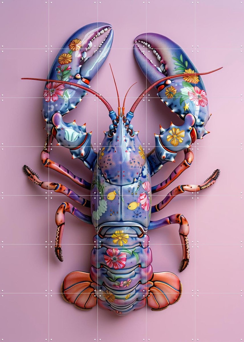 IXXI Purple Flower Lobster, OTTI - 100 x 140 cm - Gratis ophangtool - Grote wanddecoratie en posters - Digitale Kunst, Speels, Woonkamer, Strandhuis