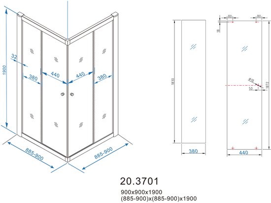 Dessin technique d'une cabine de douche carrée de 90x90x190 cm avec cadre chromé et porte coulissante.
