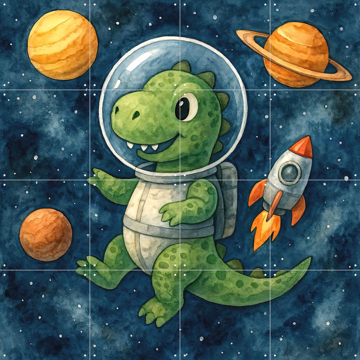 IXXI Astronaut Dino in de Ruimte, Natalie Bruns - 80 x 80 cm - Gratis ophangtool - Grote wanddecoratie en posters - Speels, Fantasierijk, Cartoonesk