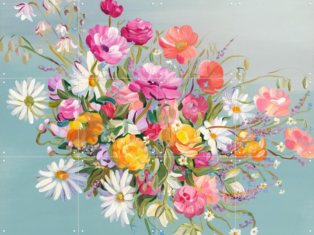 IXXI Blooms On Blue, Libby Chambers - 80 x 60 cm - Gratis ophangtool - Grote wanddecoratie en posters - Abstract, Modern, Speels, Kleurrijk