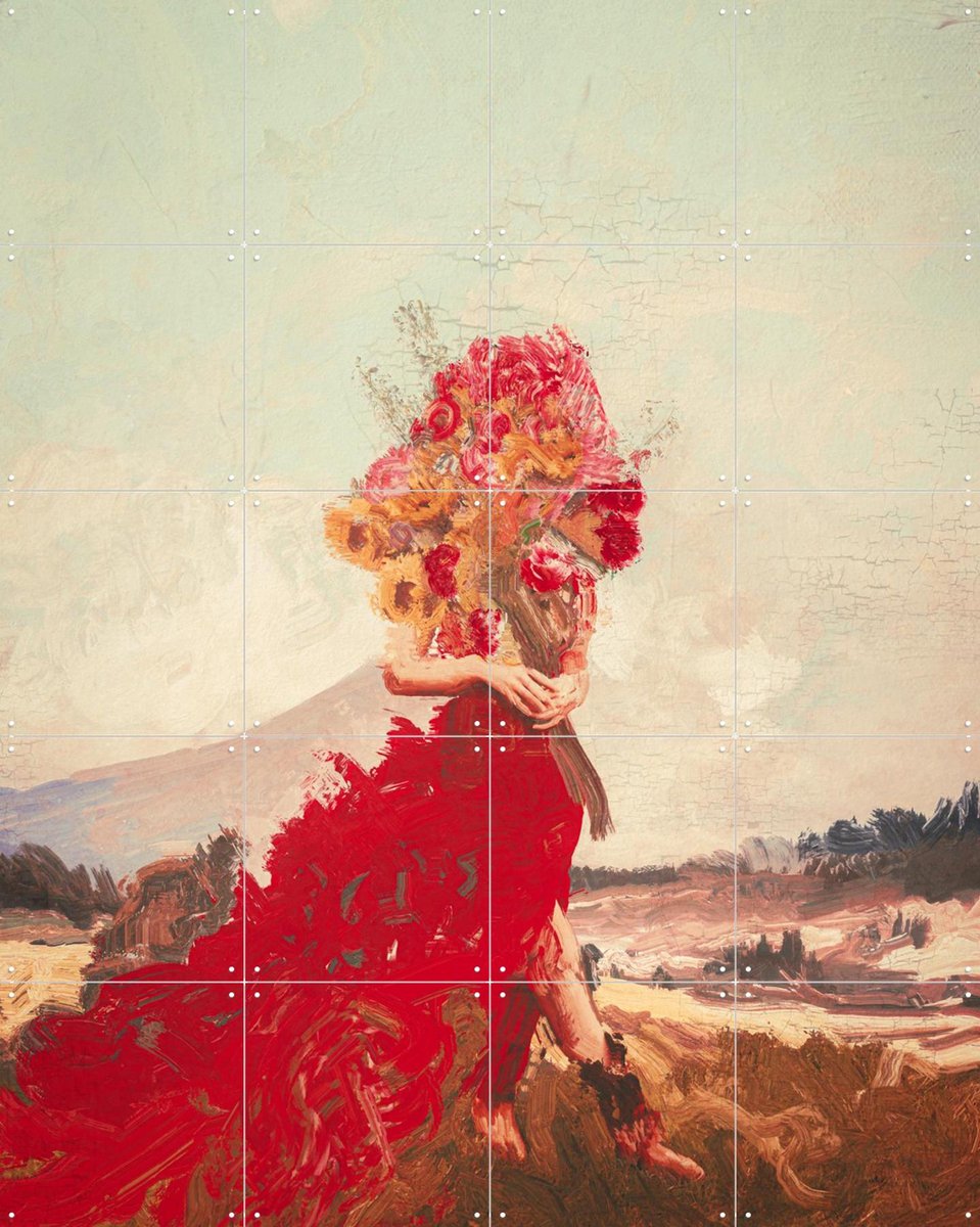IXXI Girl With Flowers In Field, Vineet Suresh - 80 x 100 cm - Gratis ophangtool - Grote wanddecoratie en posters - Olieverf, Kleurrijk, Speels