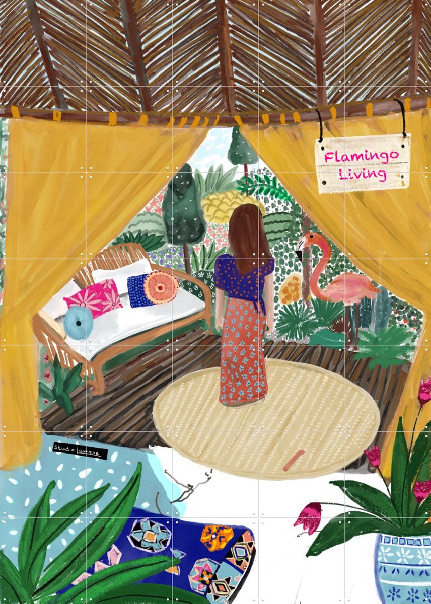 IXXI Flamingo Living, Studio LaWiene - 100 x 140 cm - Gratis ophangtool - Grote wanddecoratie en posters - Fantasierijk, Speels, Vintage, Kleurrijk