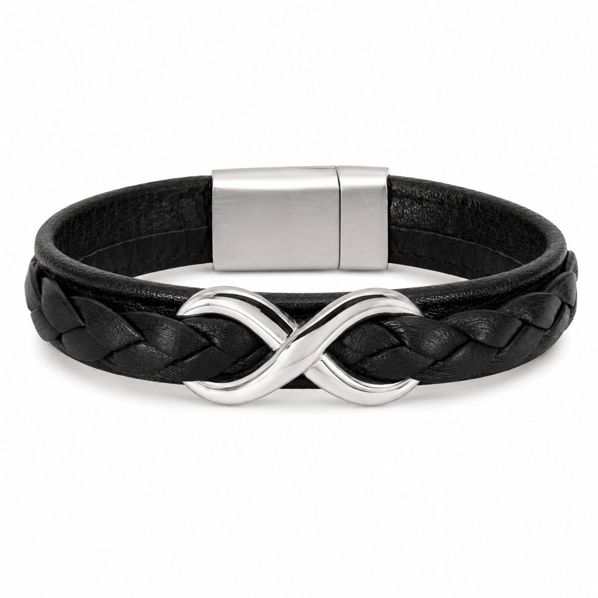 Mbrace Luxe Lederen Heren Armband - Gevlochten Nappa Leer & RVS - Infinity Symbool - Zwart- Maat XL (22,5 cm)