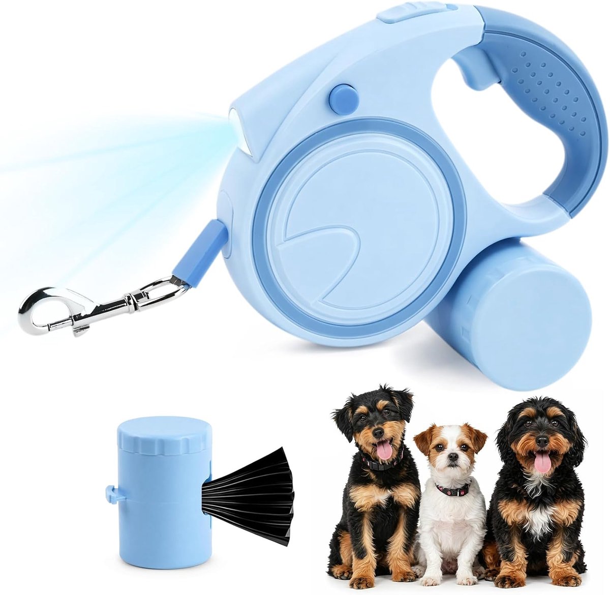 KZQ Uittrekbare hondenriem 5 meter met ledverlichting en poepzakhouder, 360 graden draaibaar zonder klitten, antislip handgreep, geschikt voor honden tot 25 kg, ideaal voor wandelingen in het donker