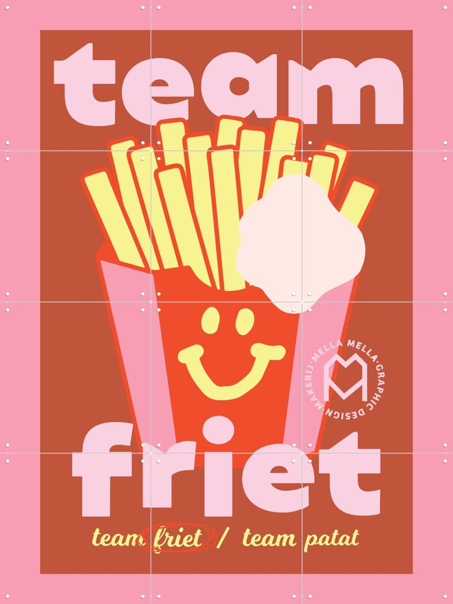 IXXI Team Friet, Mella Mella - 60 x 80 cm - Gratis ophangtool - Grote wanddecoratie en posters - Cartoonesk, Digitale Kunst, Kleurrijk, Typografie