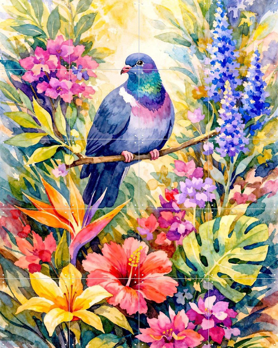 IXXI Duif Tussen Bloemen Jungle, Natalie Bruns - 80 x 100 cm - Gratis ophangtool - Grote wanddecoratie en posters - Aquarel, Kleurrijk, Fantasierijk