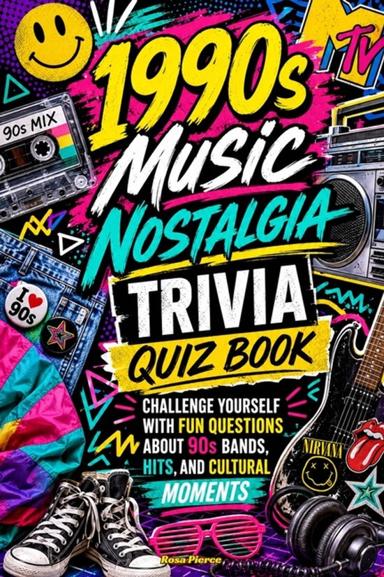 Boek '1990s Music Nostalgia Trivia Quiz Book' met kleurrijke 90s-iconen zoals een cassettebandje, smiley, spijkerbroek en een gitaar.