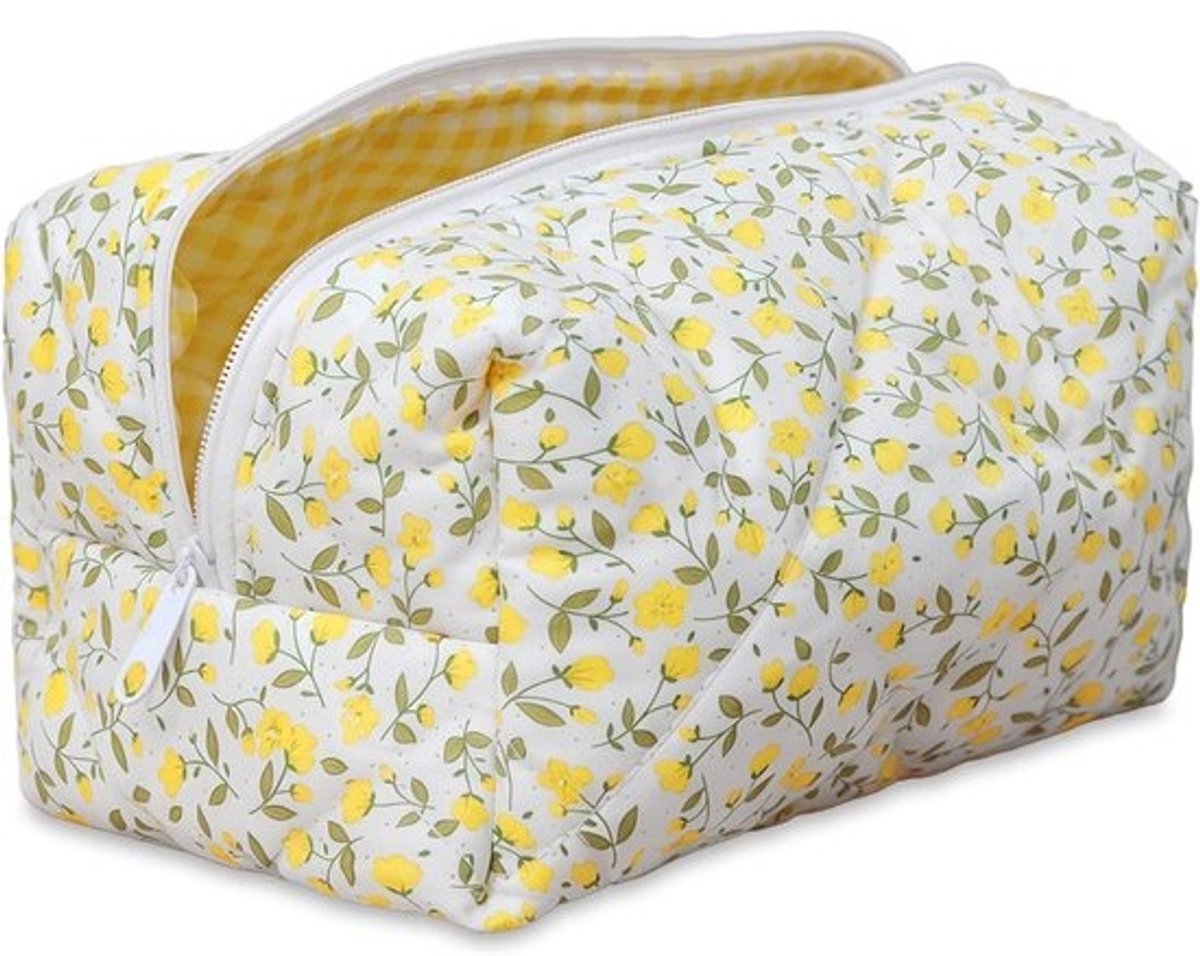 Gewatteerde Make-up Tas met Bloemenprint - Grote Capaciteit Katoenen Toilettas voor Vrouwen