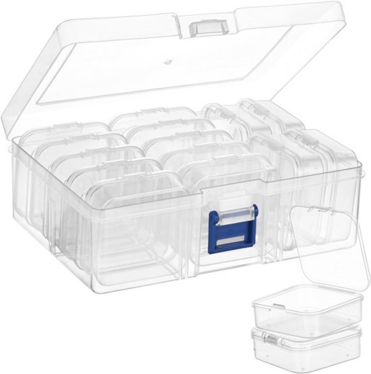 Mini opbergdozen set - 15 transparante kunststof opbergdozen voor sieraden en knutselmaterialen