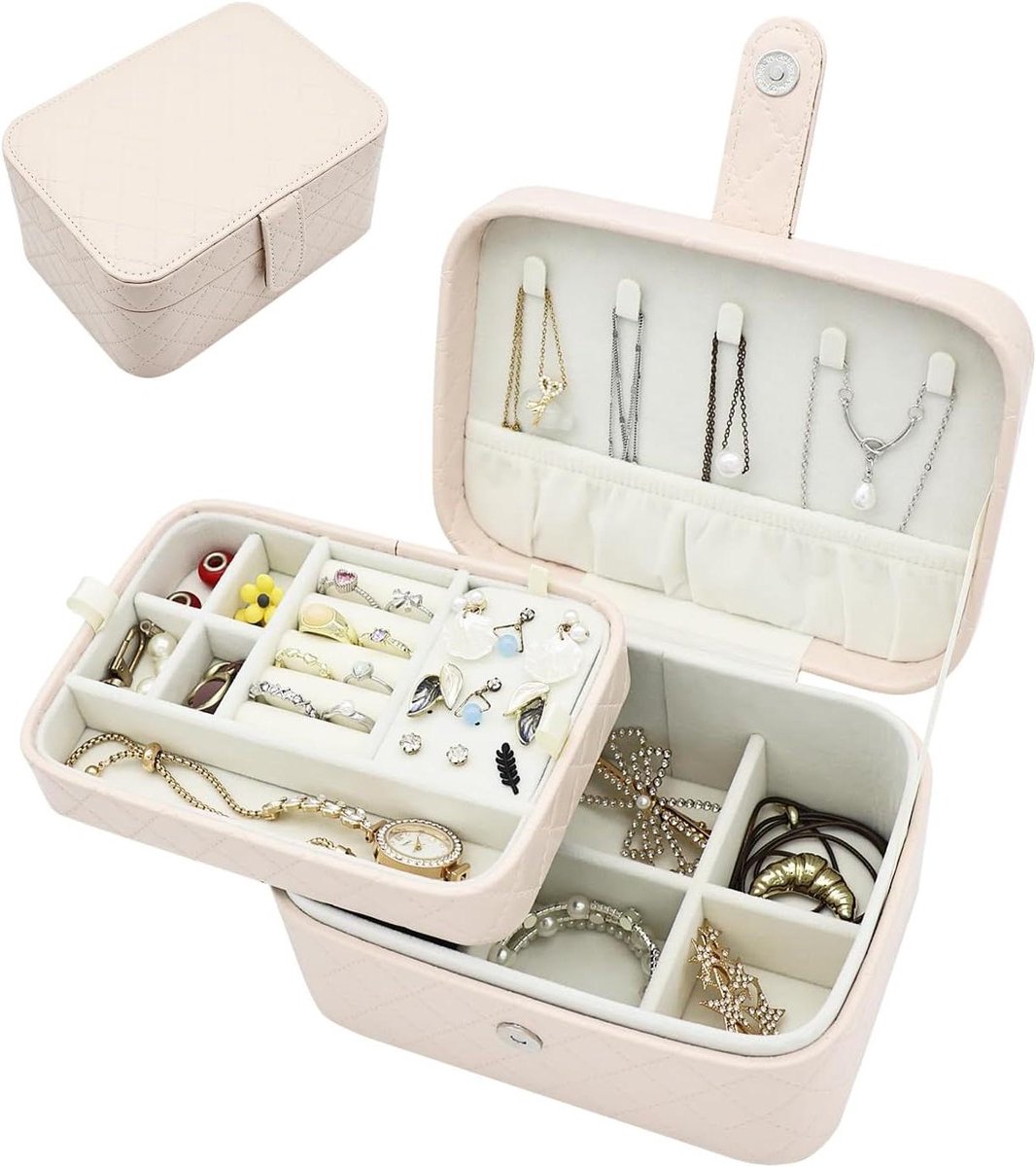 Sieradendoos - Juwelenkistje organizer - Sieraden opbergen - Tweelaags ontwerp - 18 x 13 x 9.5 cm - Abrikozenbeige