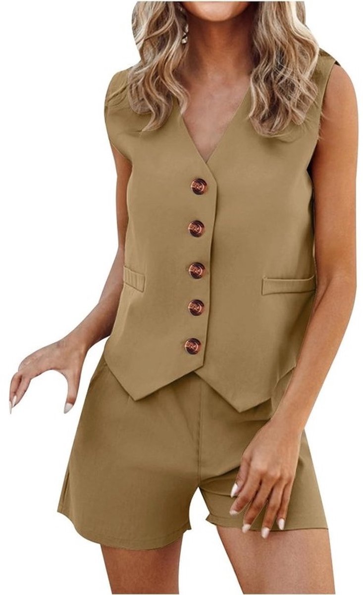 Tweedelige damesoutfit voor zomer, zakelijke set, mouwloos, wijde shorts met zakken