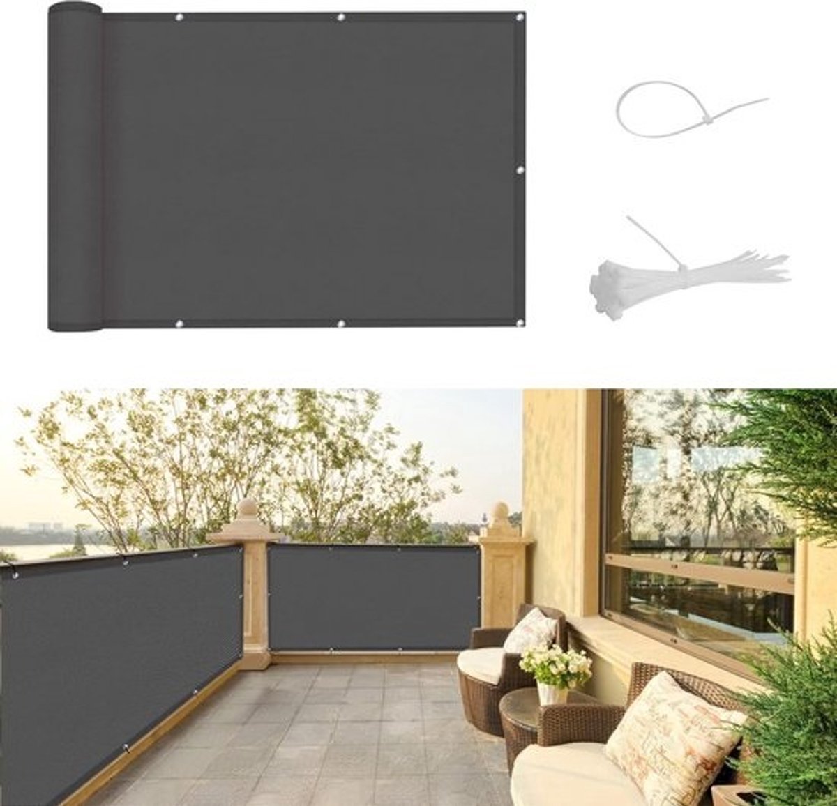 Waterdicht Balkonscherm 75x800cm Inkijkbescherming Antraciet met Oogjes voor Balie en Tuin