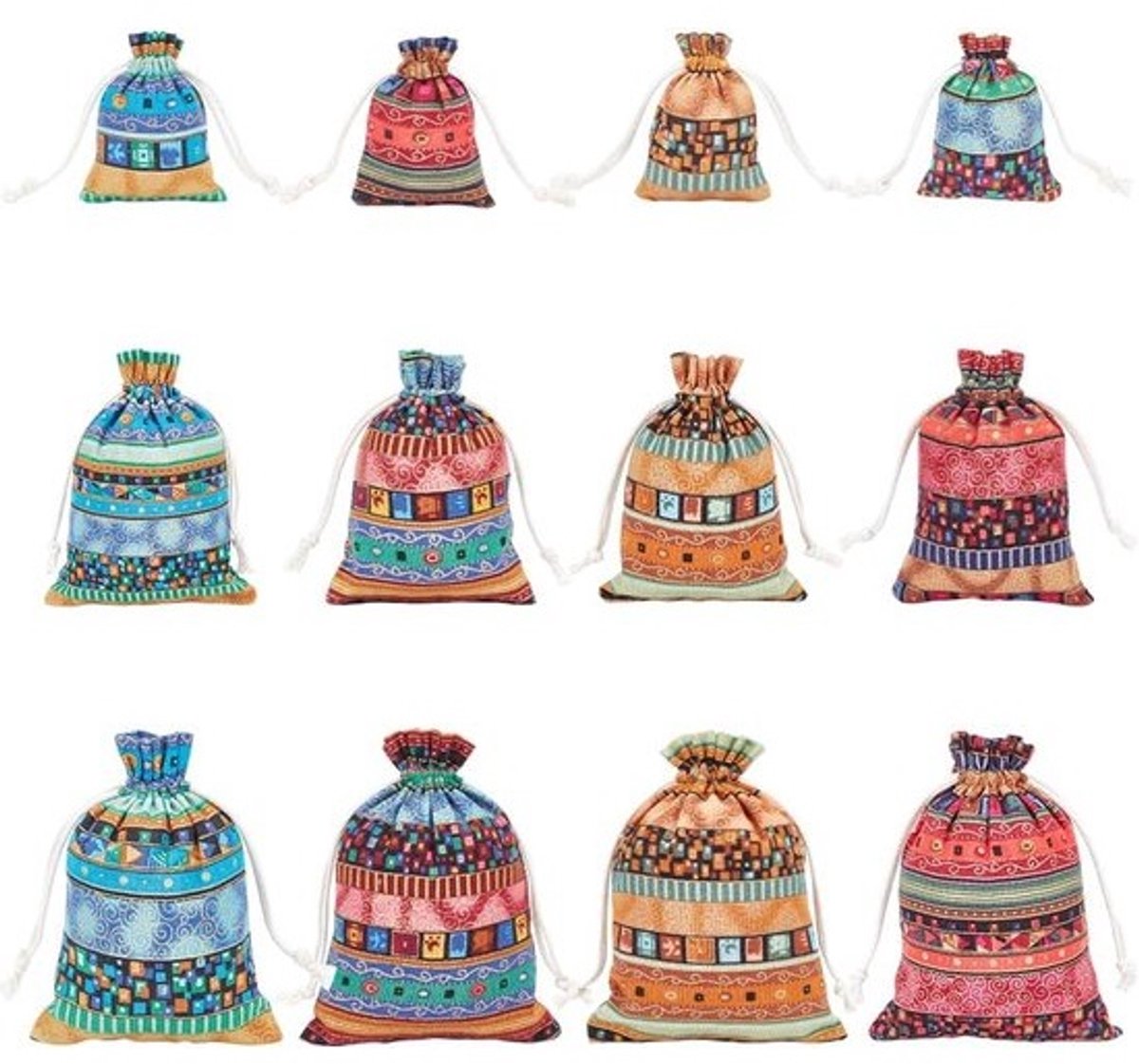 Diverse Drawstring Gift Bags in 3 Sizes - Bohemian Linenette and Ethnic Style