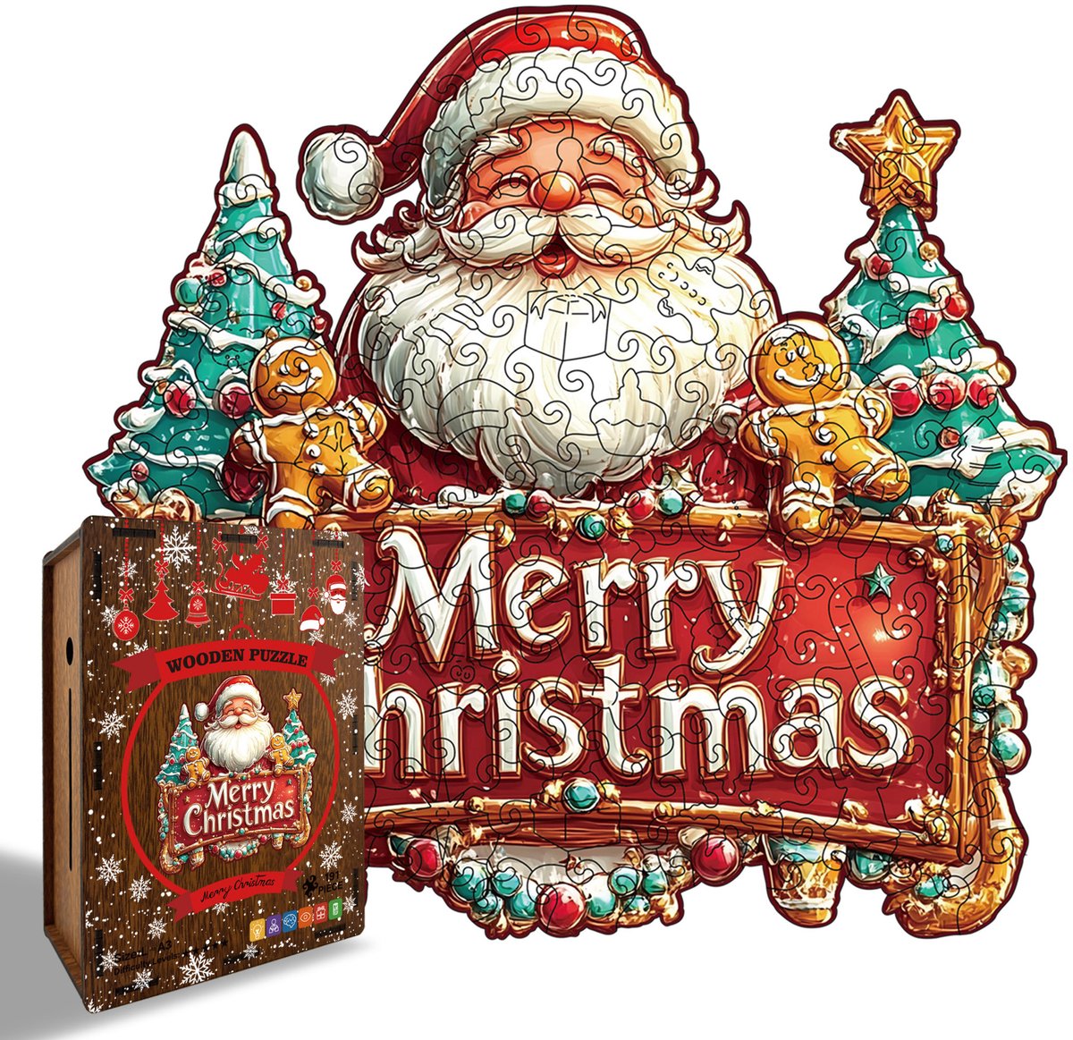 Casalora Houten Kerstman Puzzel - 280 stukjes - Onregelmatige Legpuzzel voor kinderen en volwassenen