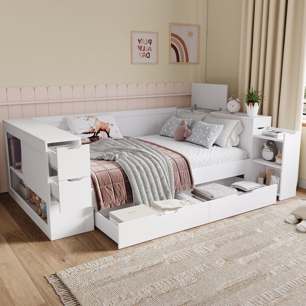 REDOM Kinderbed - Bedframe met opberglades en zijschapen - Lattenbodem - Moderne stijl - Kinderkamer - MDF - Wit - 90 x 190 cm