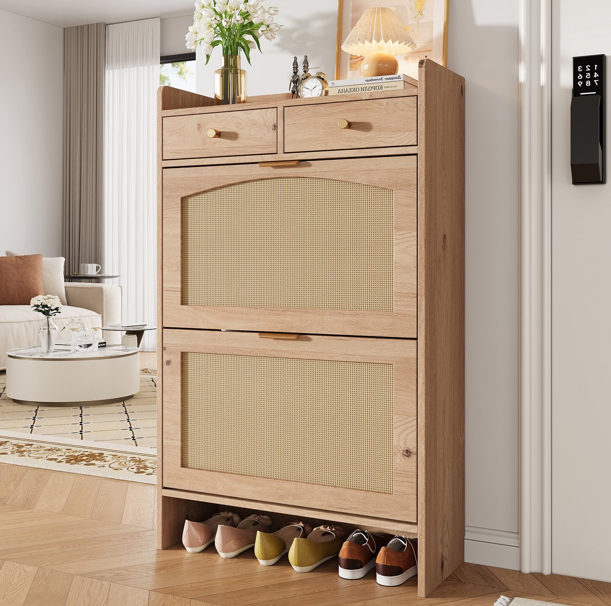 DESMIU Schoenenkast - Smalle Schoenenkast Met Klepvakken En 2 Lades - Voor Hal En Entree - Spaanplaat - 65x25x106 Cm - Naturel