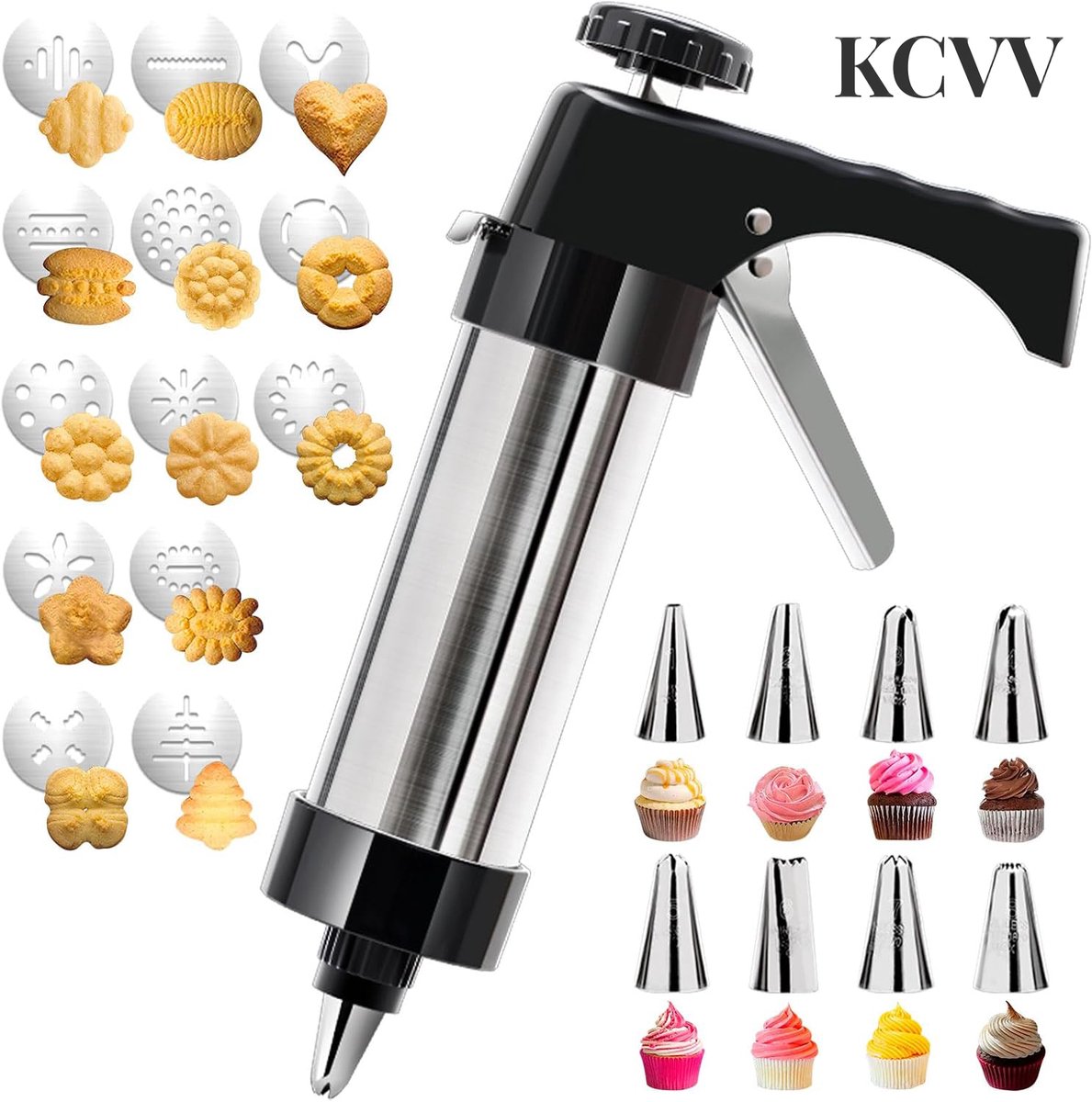 Koekjespersset - koekjesmaker-koekjes vormen uitsteek-Roestvrij staal met 13 schijven en 8 spuitmondjes - Voor koekjes, taarten, gebak, desserts, bakken en decoratie - Zilver - 24,5 x 15 cm