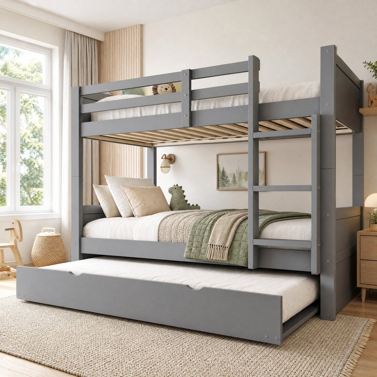 Stapelbed Met Uitvalbeveiliging En Bedlade 90 X 200 Cm Hout Grijs Voor Kinderkamer