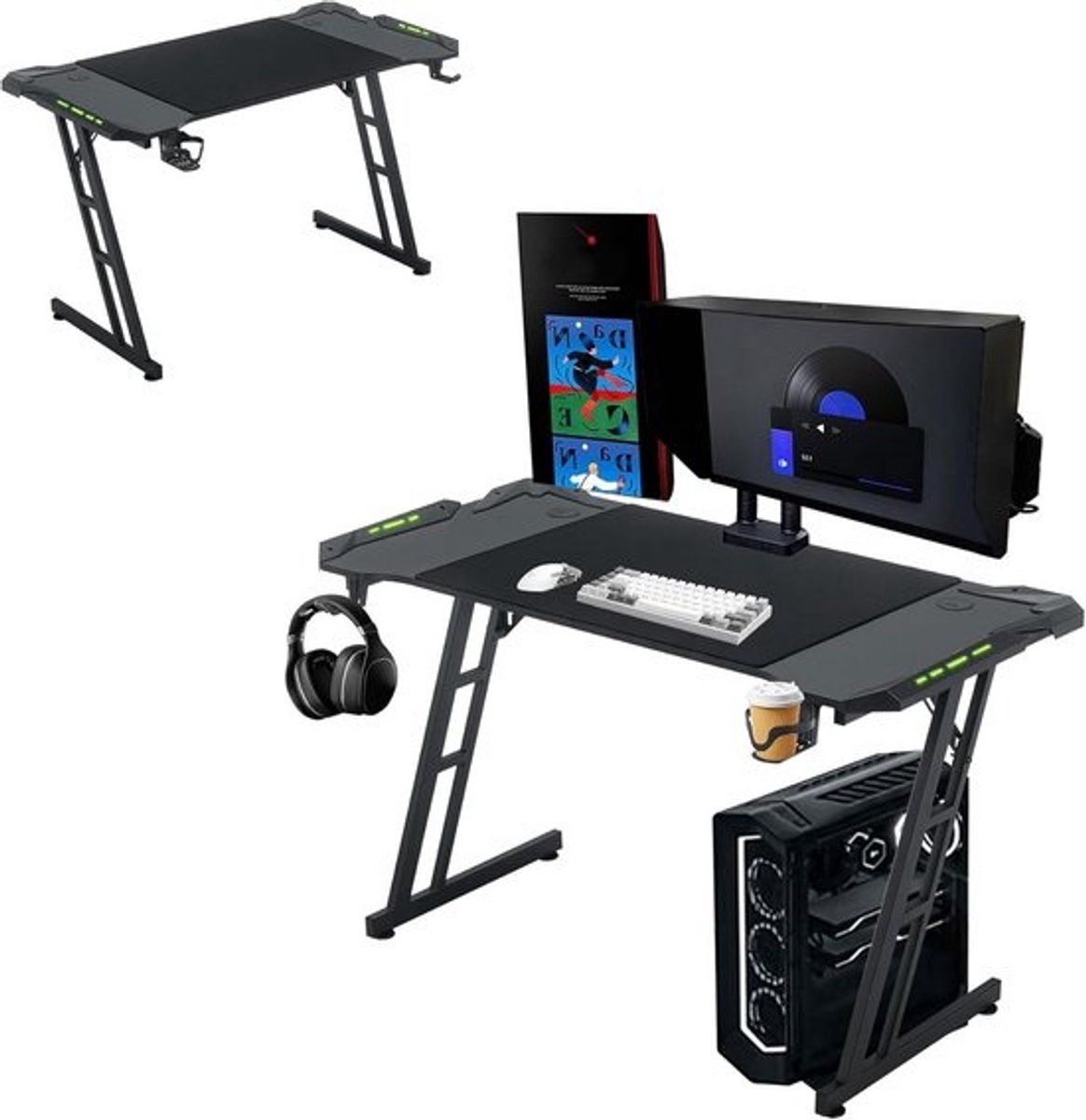 Ruim Gaming Bureau met LED Optie - 160x60 cm Zwart Bureau met Koolstofvezel Oppervlak en Z-Frame