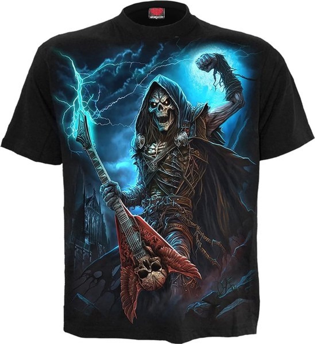 Zwart T-shirt met grote Doodshoofd en Metal Band print – Horror en Rock Kleding