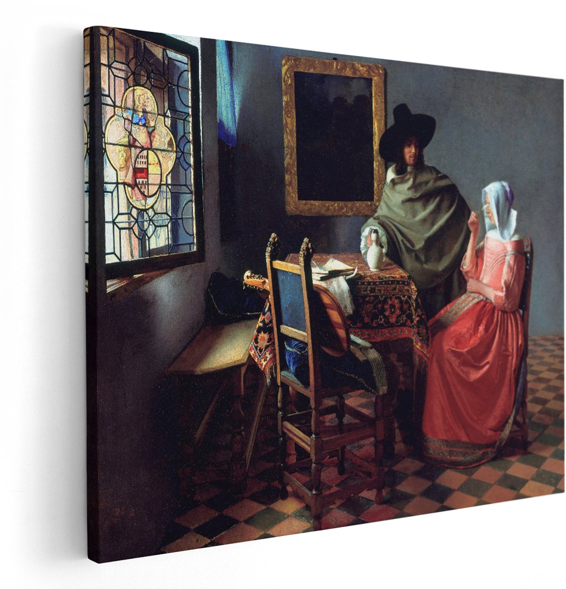 Artaza Canvas Schilderij Vermeer Het Wijnglas - 150x120 cm - Groot - Wanddecoratie Oude Meesters - Muurdecoratie Klassiek Portret - Schilderijen Op Canvas