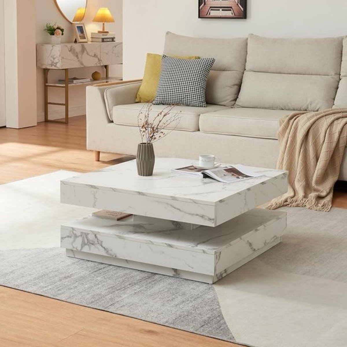 Salontafel vierkant - Draaibaar blad - Woonkamer inrichten - Extra opbergruimte - 76x76x38 cm - Marmerlook wit