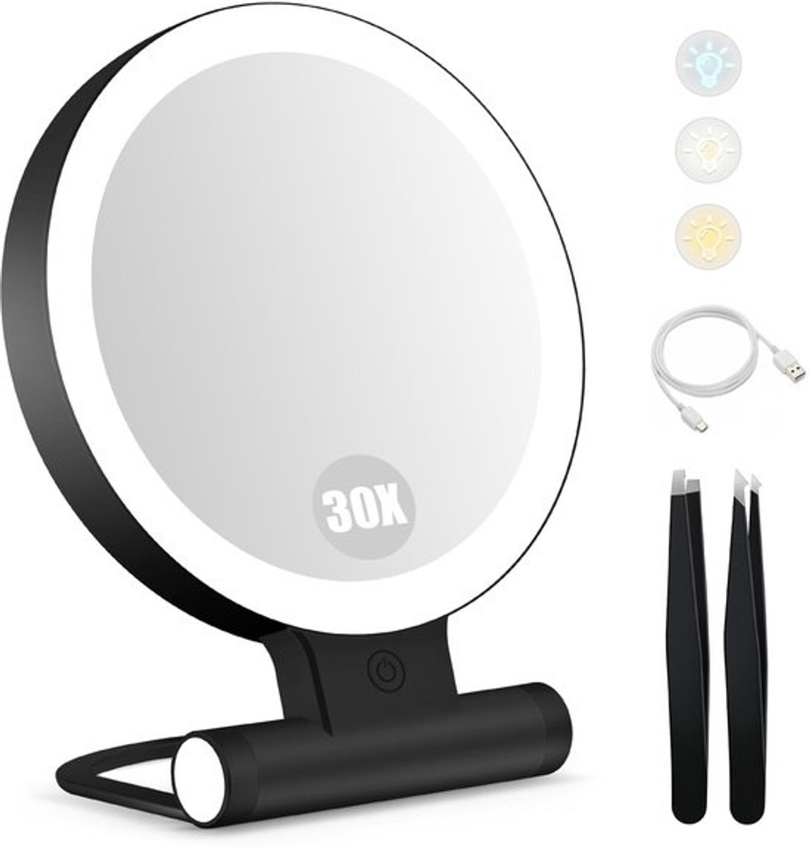 NTHProducts - Makeup Mirror - Verlichte Make-Up Spiegel - Draagbaar en Vouwbaar - Zwart - Dubbele Versterking - Licht met 3 Kleuren