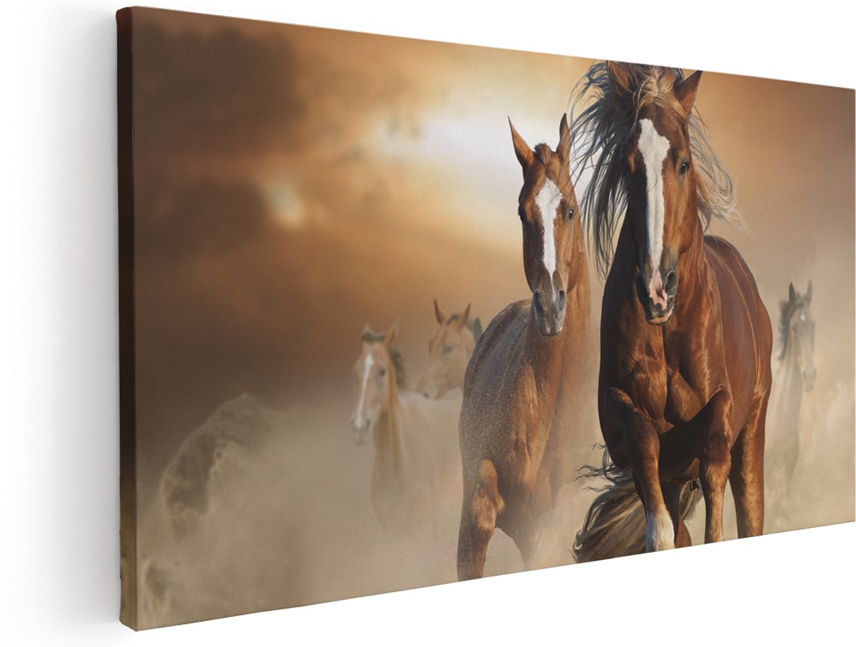 Artaza Canvas Schilderij Wilde Paarden In Het Zand - 160x80 cm - Groot - Wanddecoratie Woonkamer - Schilderijen - Muurdecoratie
