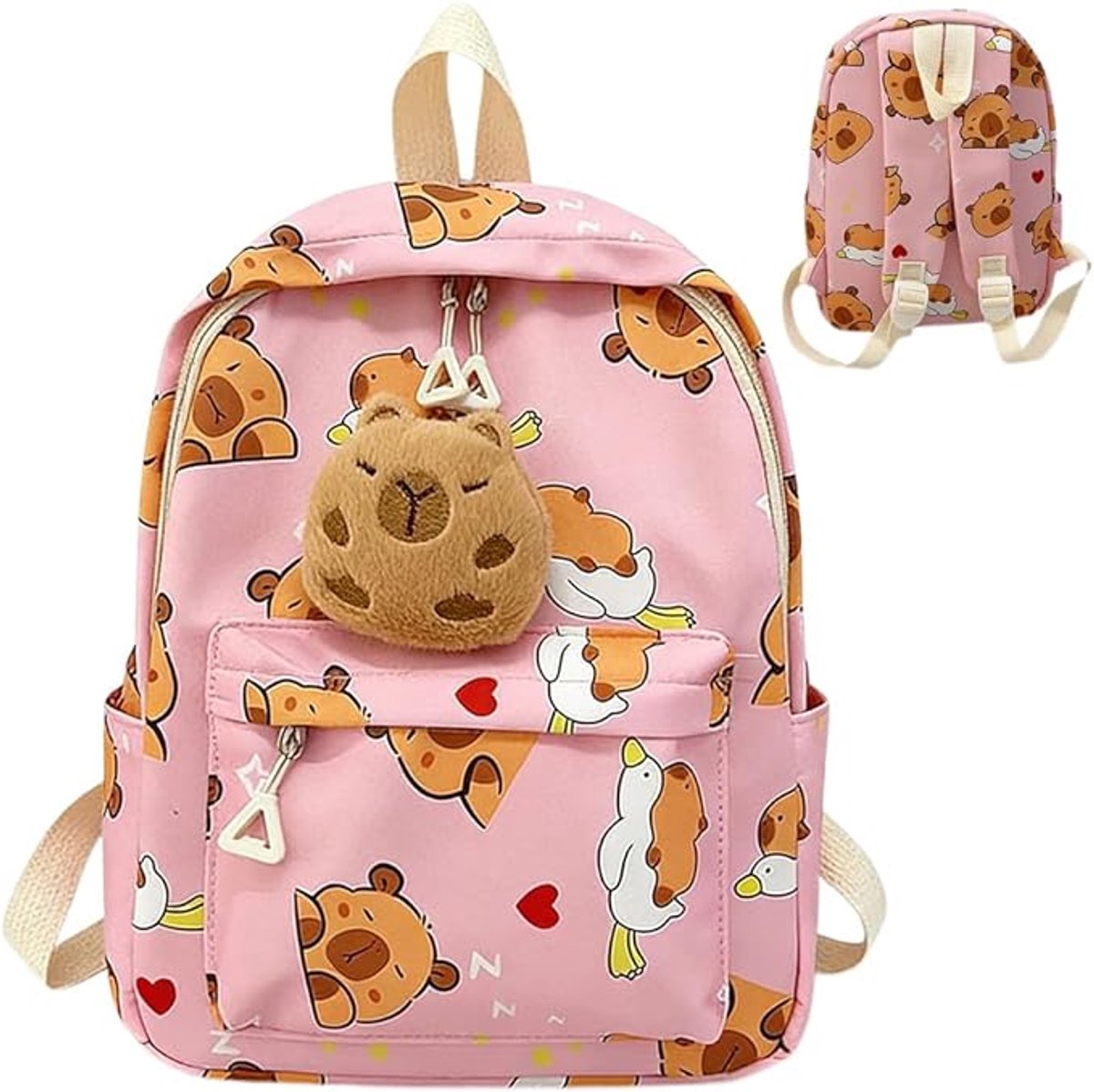 Capybara Rugzak Roze voor Meisjes – Schoolrugzak met 3 Vakken – Nylon Kinderrugzak met Verstelbare Schouderbanden – Kawaii Schooltas, Dagrugzak & Vrijetijdstas voor Basisschool, Uitjes, Vakantie en Dagelijks Gebruik