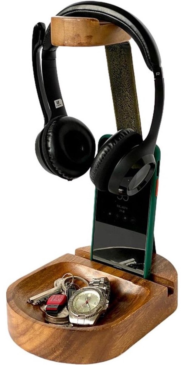 Universele Houten Hoofdtelefoonstandaard met Telefoonhouder - Desktop Oortelefoonhanger van Acacia Hout