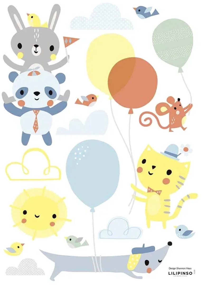 Lilipinso muursticker A3 vrolijke dieren met ballonnen veelkleurig