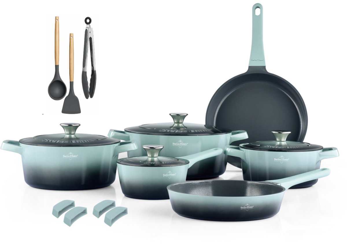 Swiss Haus ZL3017G Pannenset Inductie - 17 Delige Pannensets - PFAS Vrij - Set Met Koekenpannen, Kookpotten & Steelpan - Pannen Voor Alle Warmtebronnen - Pan met Sapphire Antiaanbaklaag - Groen