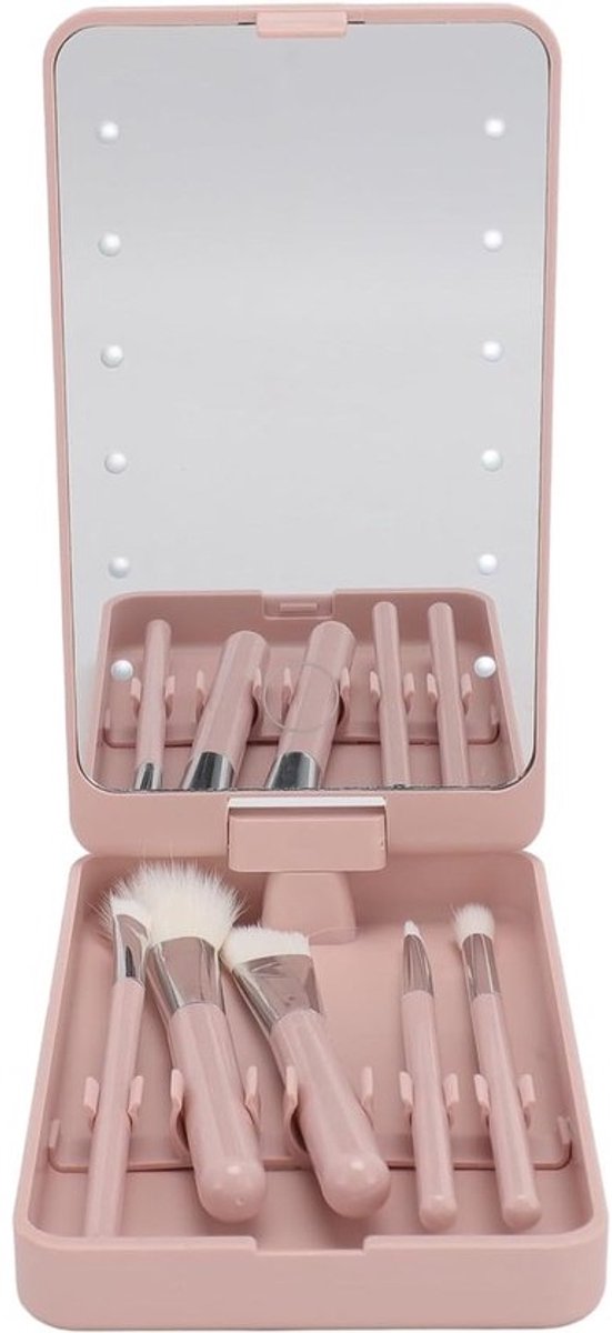 Makeup Borsteldoos met Spiegel - Draaibare LED Makeup Borstelset voor Thuis en Reizen