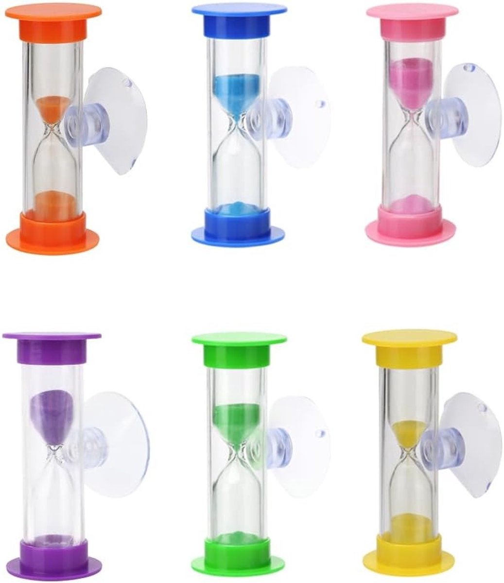6 x Uurglas Tandenborstel met Zuignap voor Spellen en Keuken, Timer voor Kinderen en Volwassenen, Perfect voor Tandenpoetsen en Speeltijd