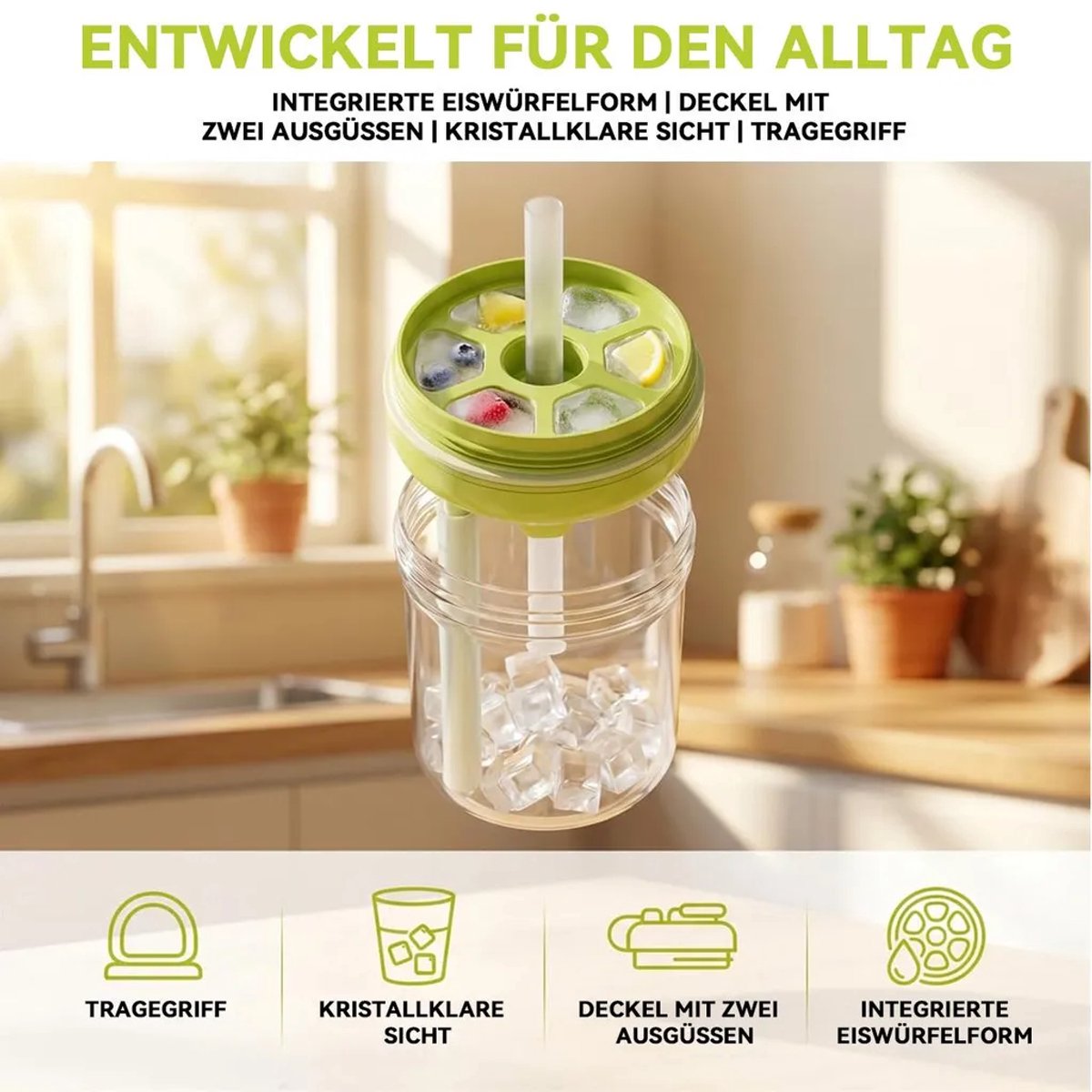 Deze 2-in-1 ijsblokjeshouder Geschikt voor rietje is perfect Geschikt voor ijskoffie, cocktails, buitenactiviteiten, reizen en zomerdrankjes. (Groen)