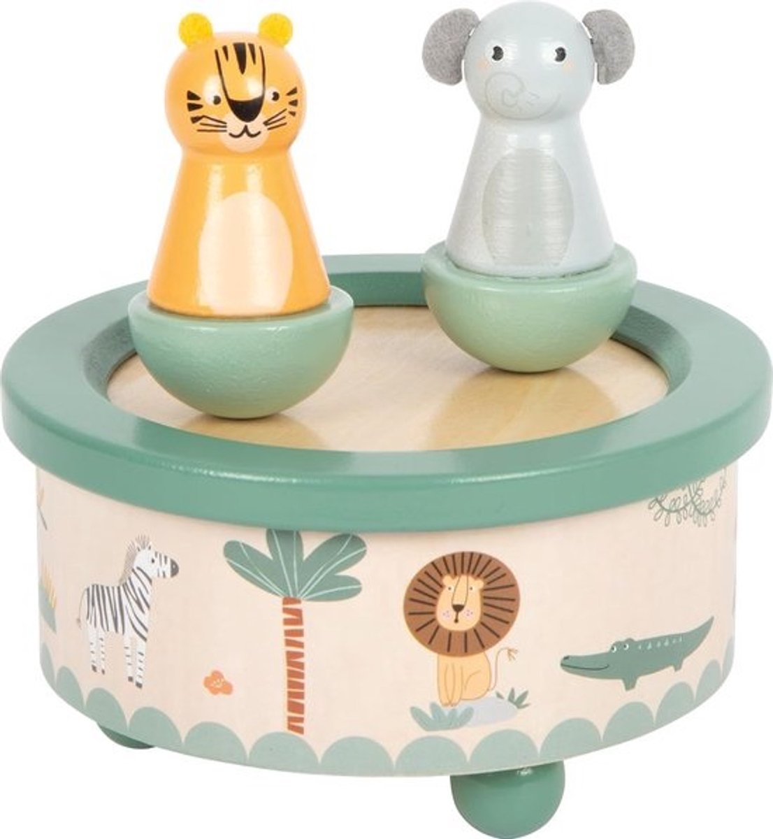 Houten Muziekdoos - Safari Thema - Kinderkamer Decoratie - Draaiende Figuren - 12x12x12 cm
