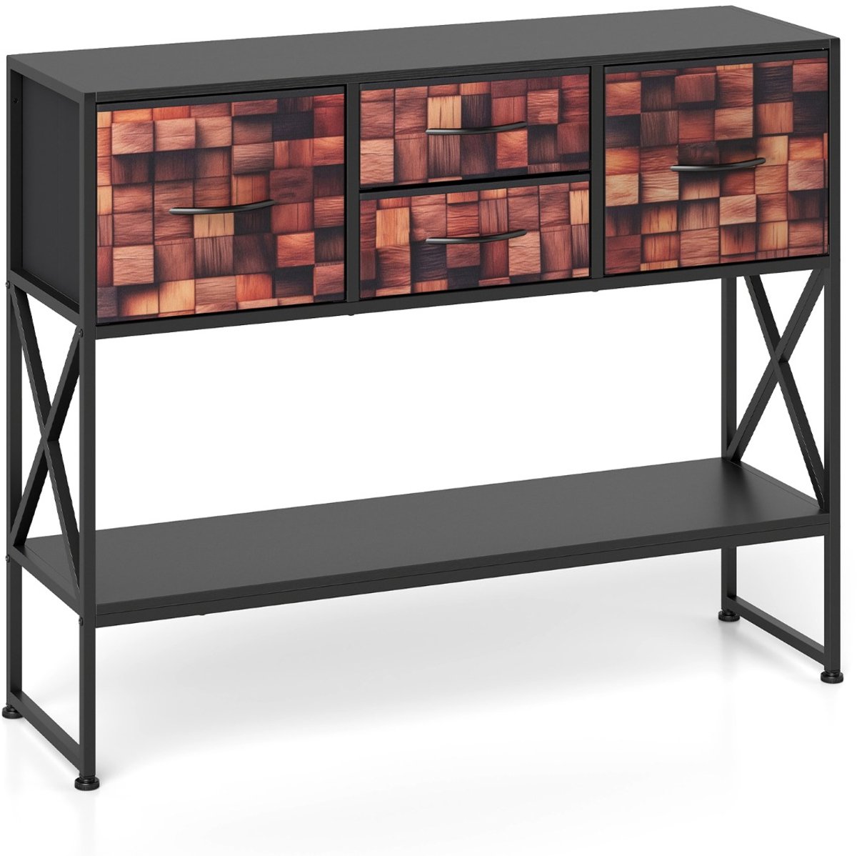 SureDeal® - Consoletafel - Haltafel - Stoffen Lades Plank - Metalen Salontafel - Houten Mozaïekpatroon Haltafel - 98,5x29x79,5 cm - Koffiebruin
