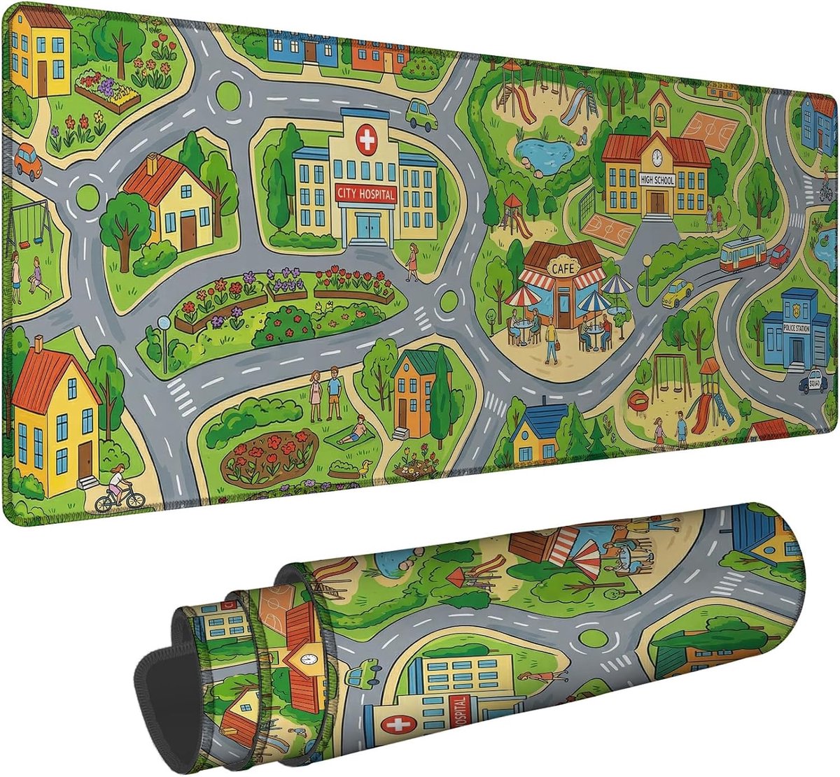 XXL Muismat met Speelse -Cartoon Weg en Ziekenhuispark - Groene Antislip Gaming Muismat voor Bureau, Thuis en Kantoor - 40 x 90cm