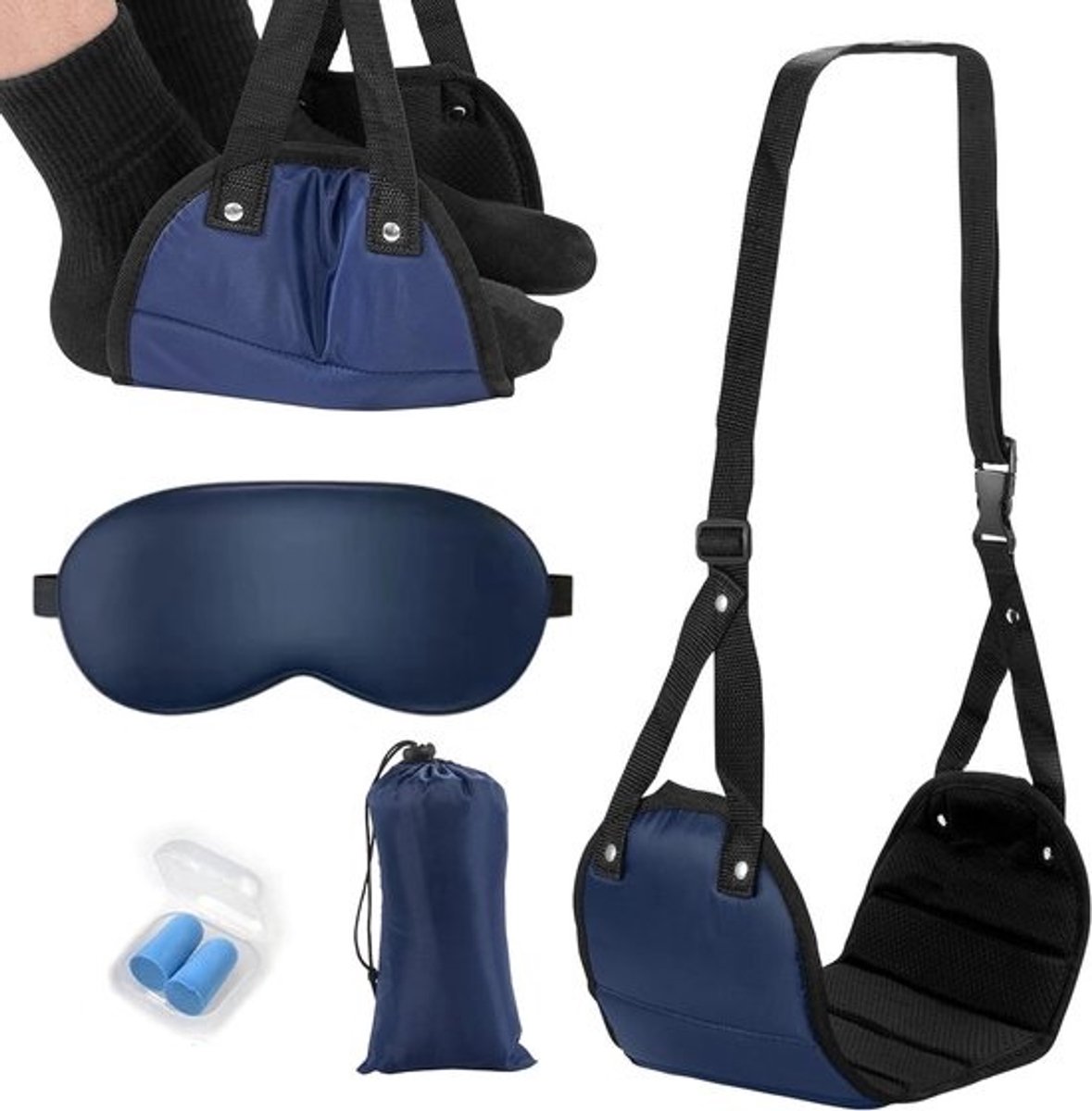 Voetsteun Vliegtuig - Voethangmat Reissteun - Comfortabel Reizen - Verstelbare Bandlengte - 21 x 46 cm - Blauw