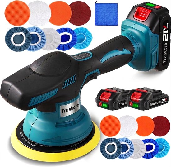 Truskore polijstmachine met diverse pads (oranje, wit, rood, blauw) en 2 accu's.