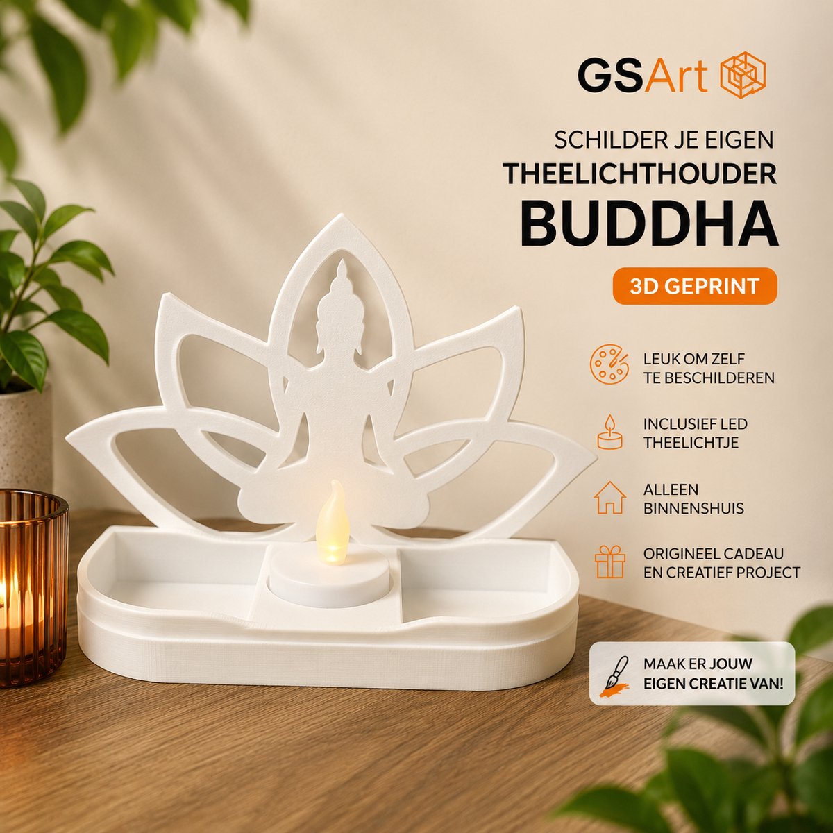 GSArt Schilder je eigen Theelichthouder Buddha – 3D Geprint – Inclusief LED
